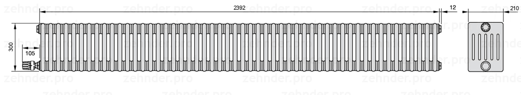 Схема (чертеж) Радиатор Zehnder Charleston 6030/52 №V004 Белый глянцевый RAL 9016